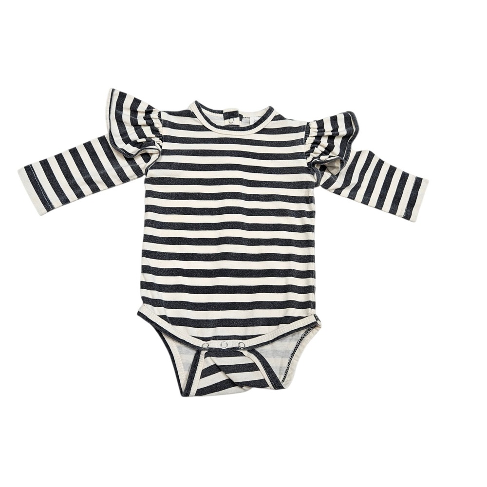 Kate Quinn Organic Cotton Striped Ruffle Shoulder Long Sleeve Baby Bodysuit - Picture 1 of 6